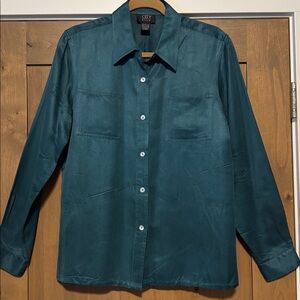 Vintage City Silk button down Blouse Womens L 100% Silk Jewel Tone Green Festive